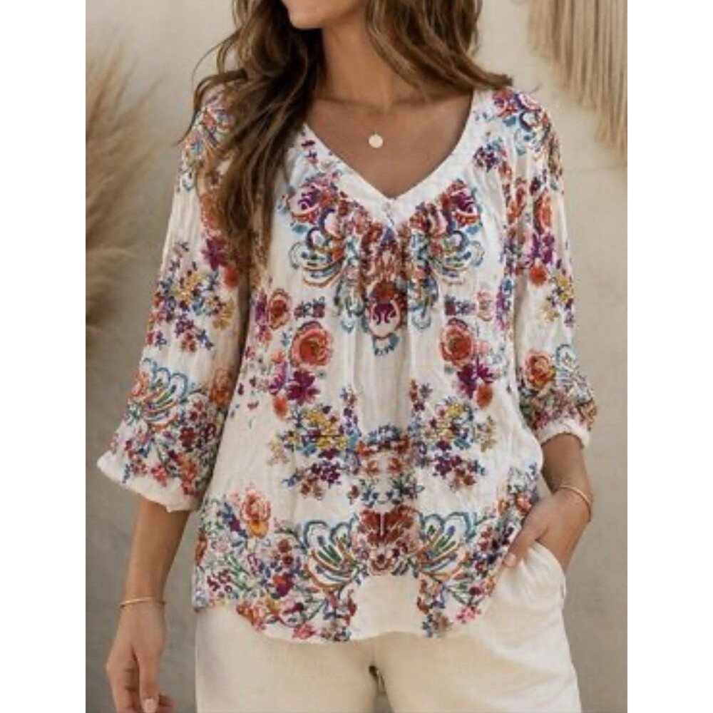 Bila Floral Peasant Top Womens Size XL Flowy Gauze V-Neck Boho 3/4 Sleeve Tunic